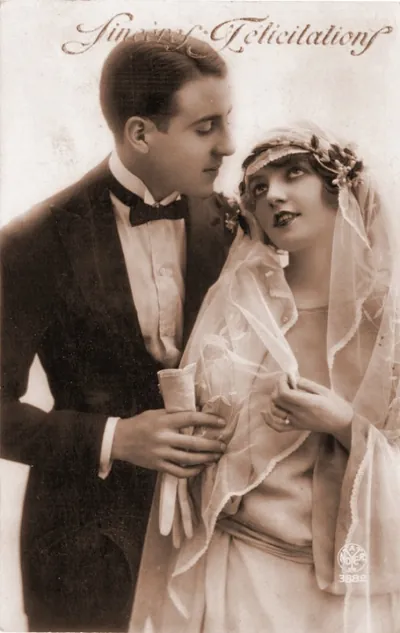 Sincere Felicitations wedding postcard of a couple in sepia