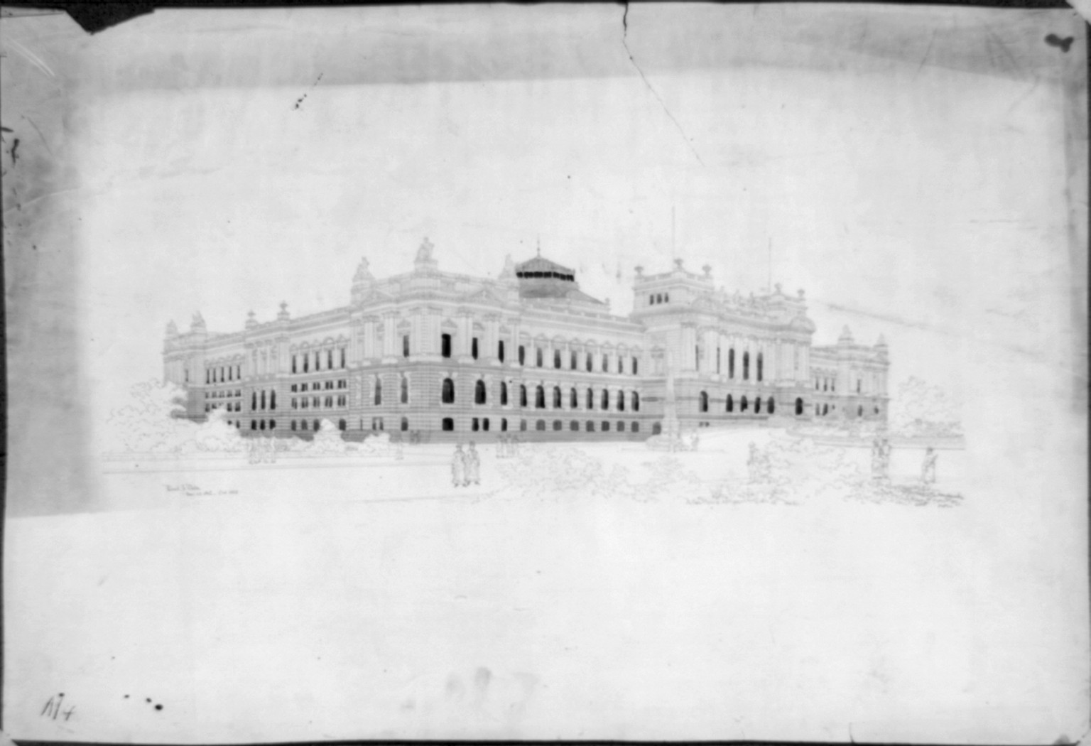 [Library of Congress, Washington, D.C. Exterior perspective rendering], and Engineering (ADE) Drawings" (http://www.loc.gov/rr/print/res/103_ade.html)." — historic drawing