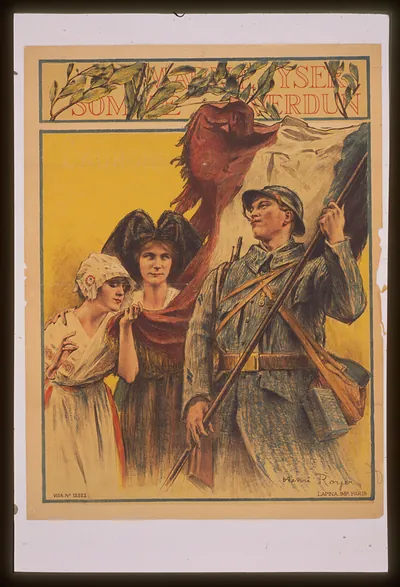 Souvenir de Verdun WWI poster with soldier and women