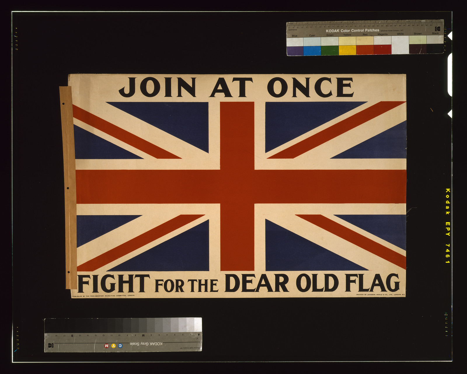 Join at once. Fight for the dear old flag / printed by Johnson, Riddle & Co., Ltd., London, S.E., London : Parliamentary Recruiting Committee, [1915] — vintage poster