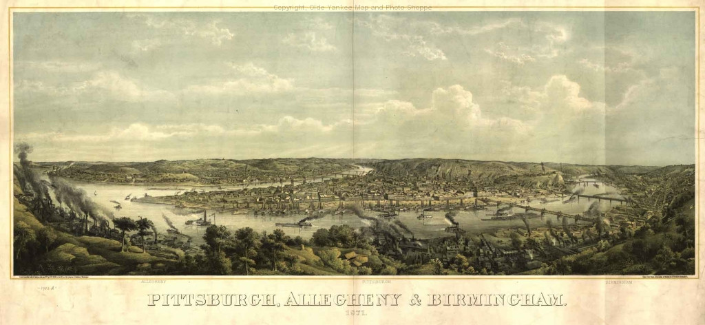 Pittsburgh, Allegheny & Birmingham, 1871 panoramic bird's-eye view, 1871 — historic image