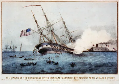Vintage Americana Print - Newport - The sinking of the Cumberland, 1862