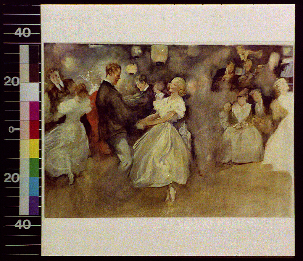 Couples dancing in a ballroom, painted scene — historic image