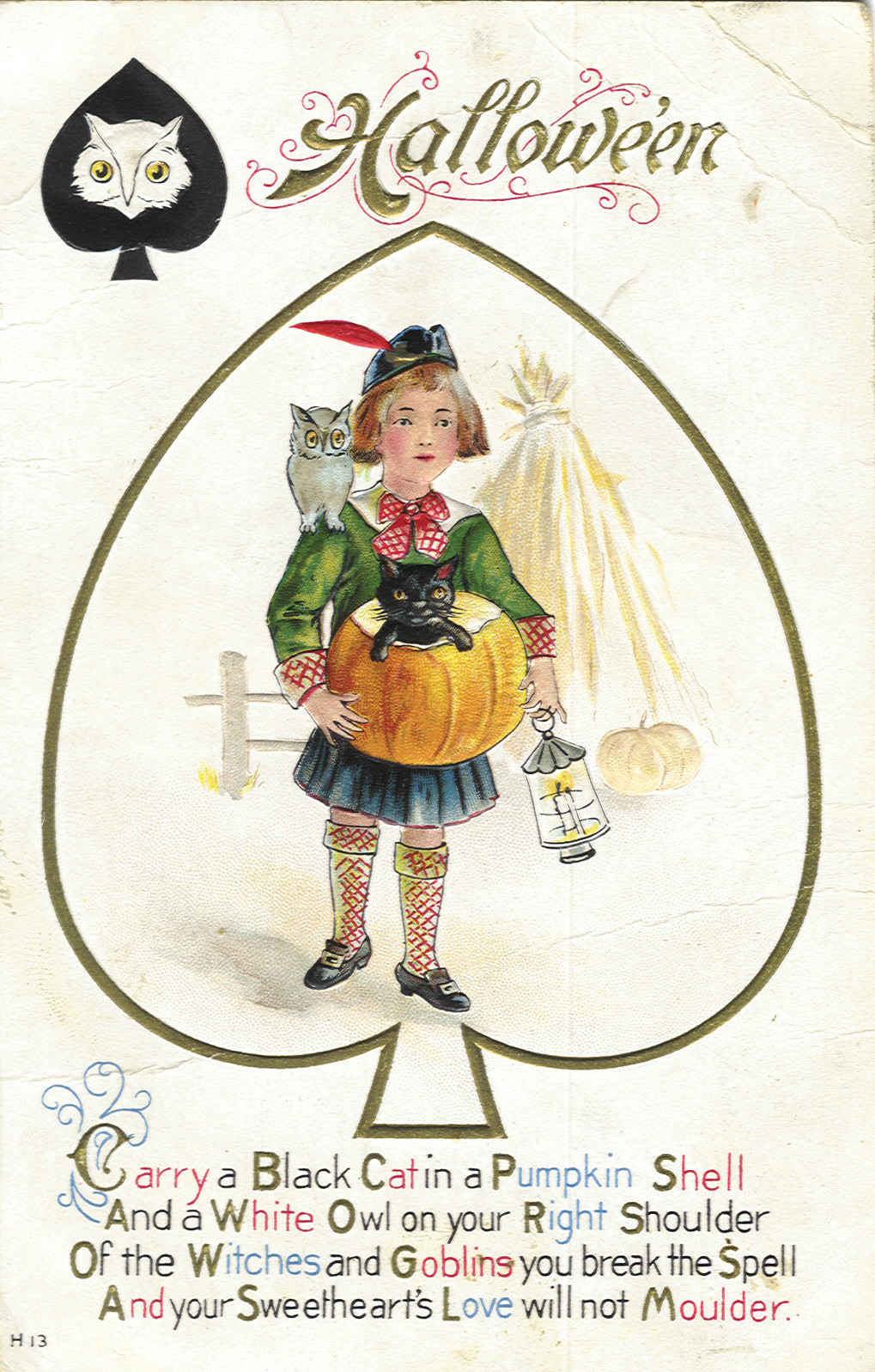 Halloween Postcard With Girl, Black Cat, Owl And Pumpkin — vintage postcard