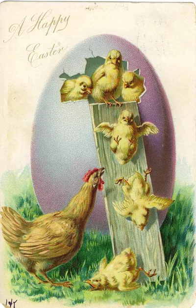 A Happy Easter postcard with chicks and a hen