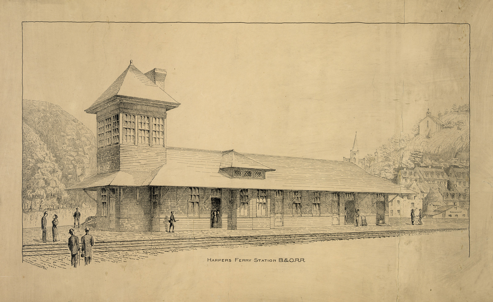 Harpers Ferry Station B&O R.R., pen and ink drawing — historic drawing