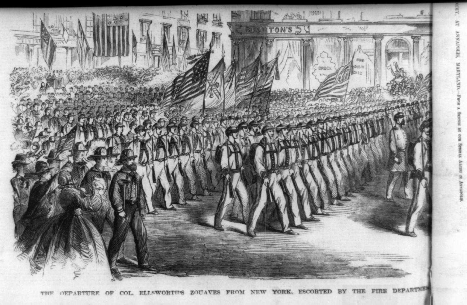 The departure of Col. Ellsworth's Zouaves from New York, escorted by the fire department, 1861 — antique engraving