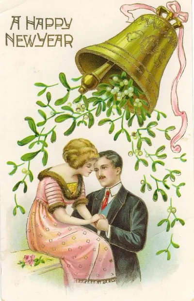 A Happy New Year greeting postcard with bell and mistletoe