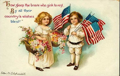 Patriotic postcard with children, flowers and American flags