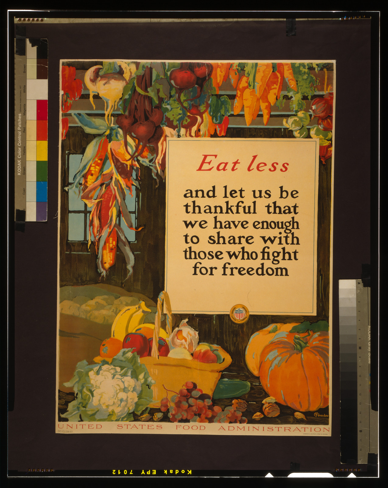 Eat less, and let us be thankful that we have enough to share with those who fight for freedom / A. Hendee ; Edwards & Deutsch Litho. Co. Chicago., 1918 — vintage poster