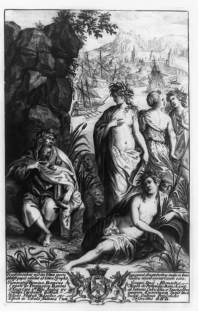 [Allegorical scene during Second Punic war, showing Roman galleys in background; with old man and women in foreground]