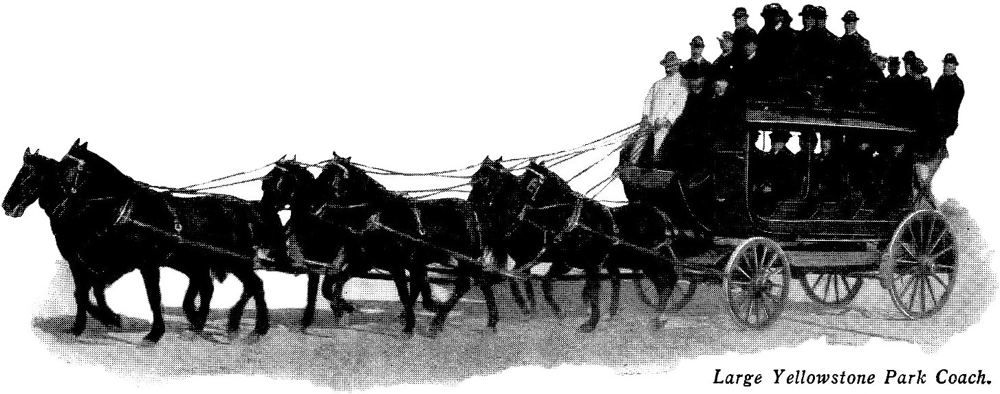 Large Yellowstone Park Coach: six-horse stagecoach with passengers on top — historic image
