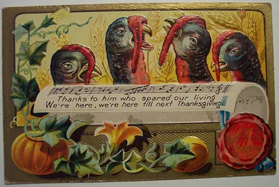 Turkeys singing Thanksgiving greeting postcard with musical staff