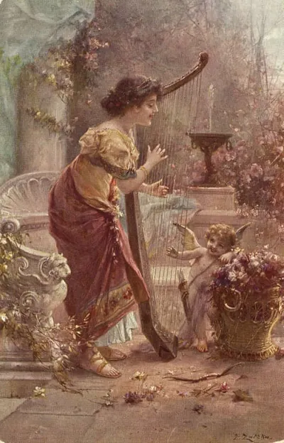 Woman playing a harp beside a cupid in a garden