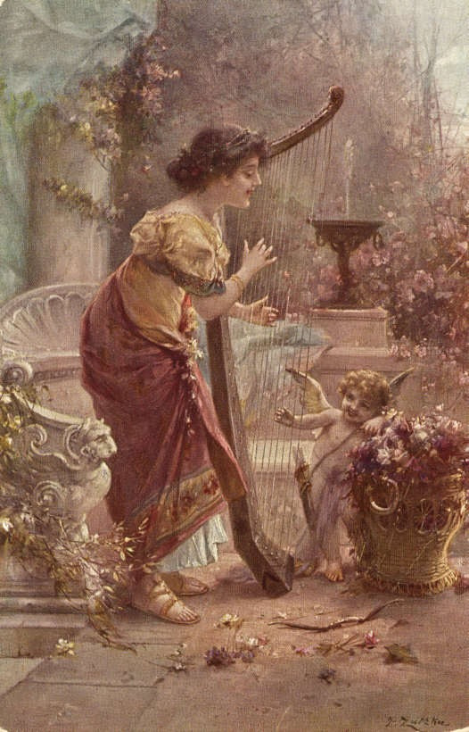 Woman playing a harp beside a cupid in a garden — historic image