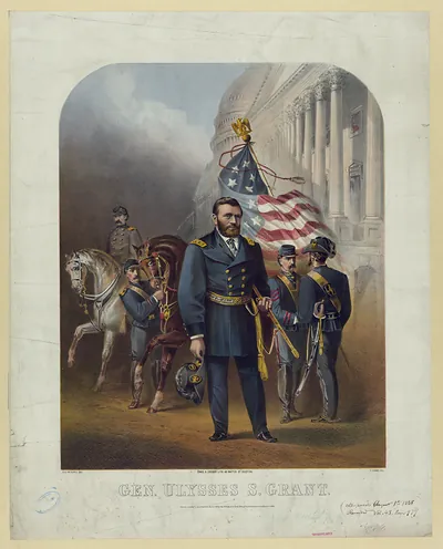 Gen. Ulysses S. Grant, lithograph with flag and soldiers