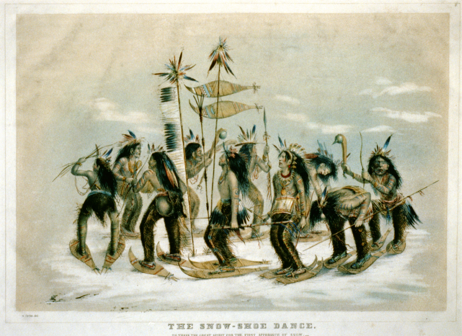 The snow-shoe dance: to thank the great spirit for the first appearance of snow, New York : Published by Currier & Ives, [between 1856 and 1907] — antique lithograph