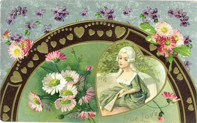 Embossed Valentine postcard with flowers, hearts and 'True Love'