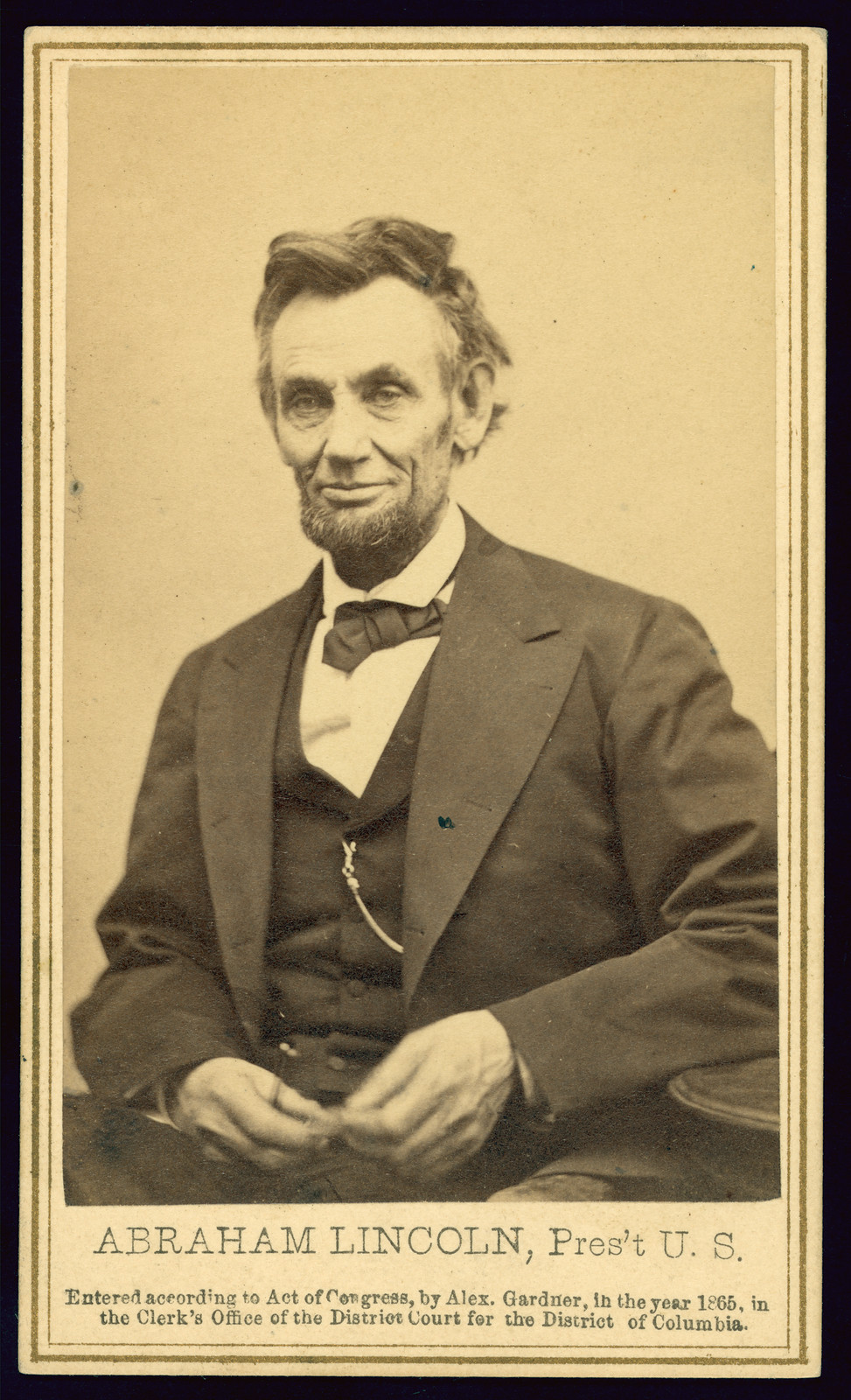 Abraham Lincoln, Pres't U.S. Alexander Gardner, photographer to the Army of the Potomac, Washington, D.C. Phillip & Solomons, February 5, 1865 — historic photograph