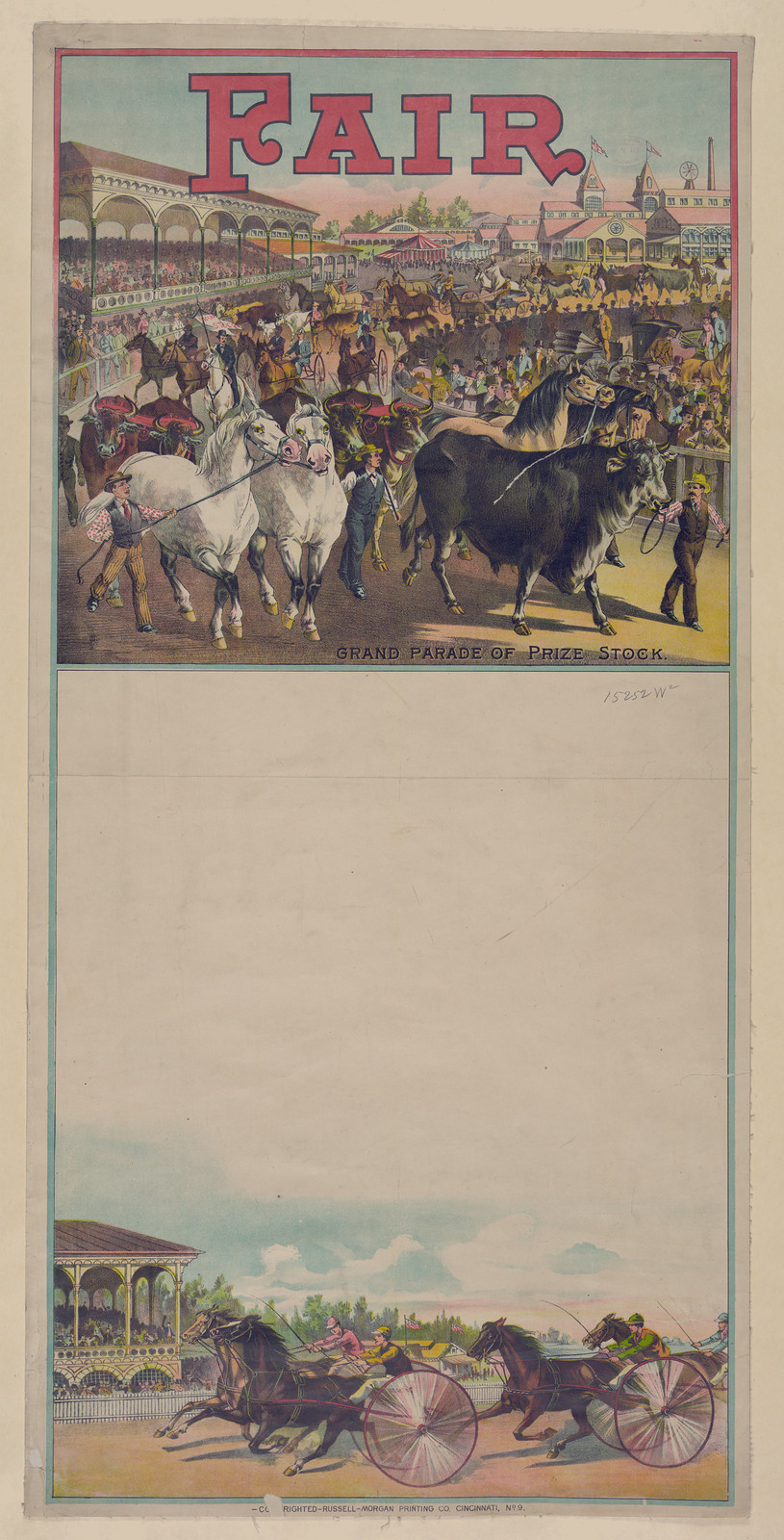FAIR poster: Grand Parade of Prize Stock, with harness racing — vintage poster