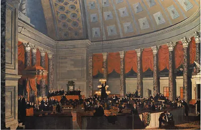 Painting of a legislative chamber with domed ceiling and red drapery