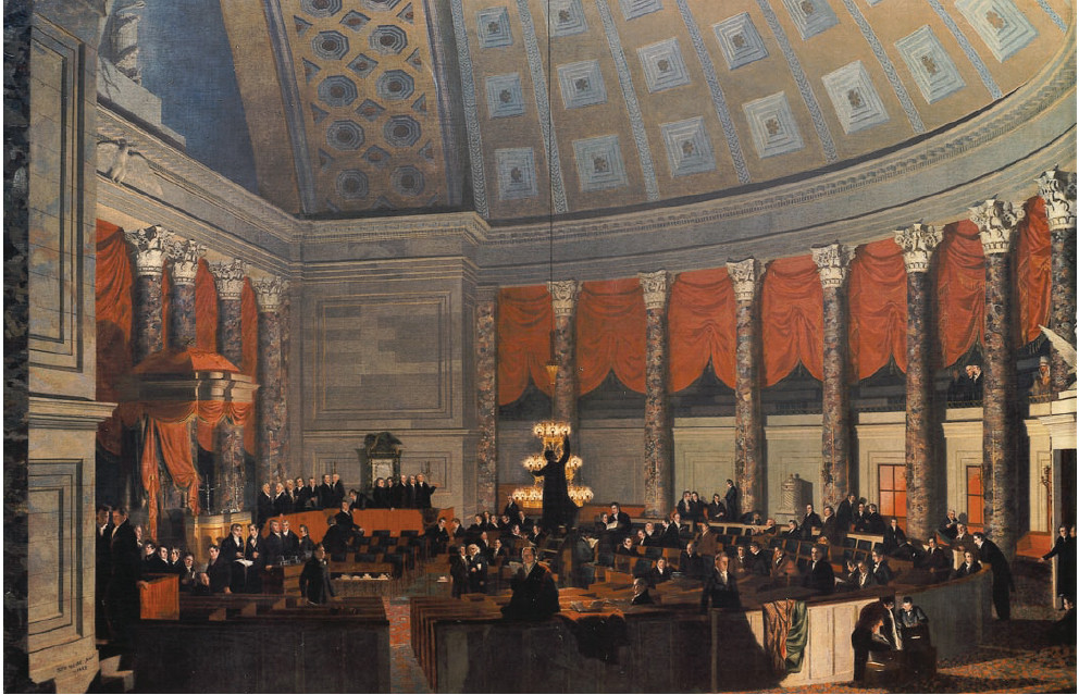 Painting of a legislative chamber with domed ceiling and red drapery — historic image