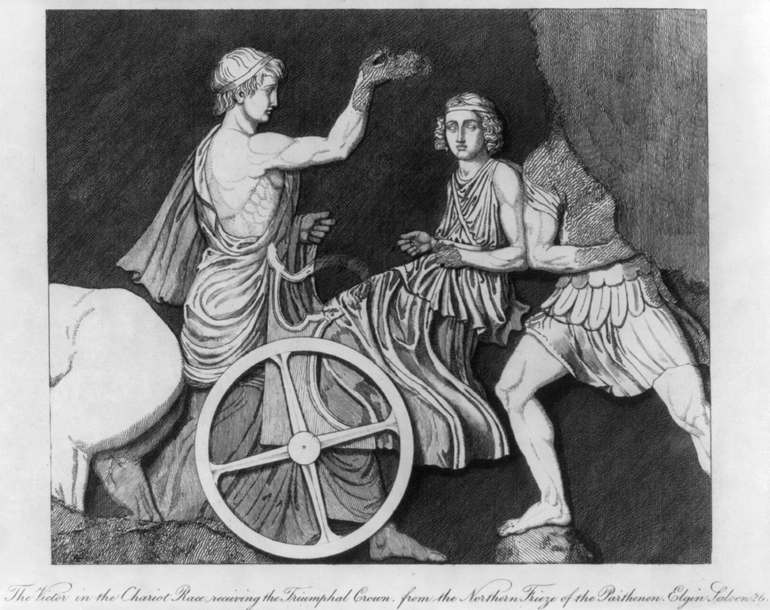 The Victor in the chariot race receiving the triumphal crown — antique engraving