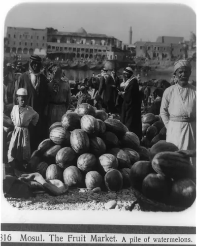 Mosul, [Iraq]; The fruit market - A pile of watermelons