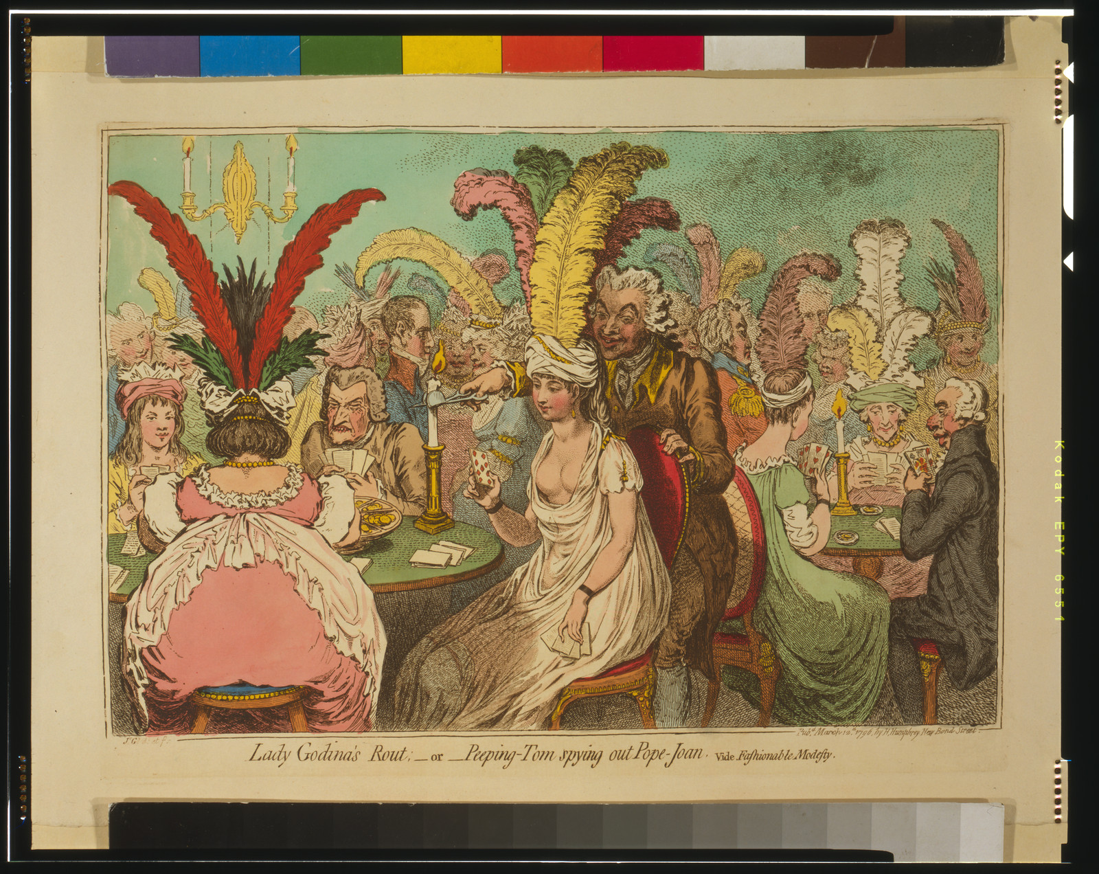 Lady Godina's rout; - or - Peeping-Tom spying out Pope-Joan / Js. Gy. d: et f:, [London] : H. Humphrey, 1796 March 12th. — historic print