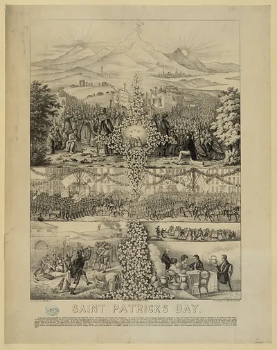 Saint Patricks Day lithograph with Irish celebration scenes