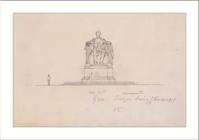 Pencil elevation drawing of Lincoln Memorial statue, with notes