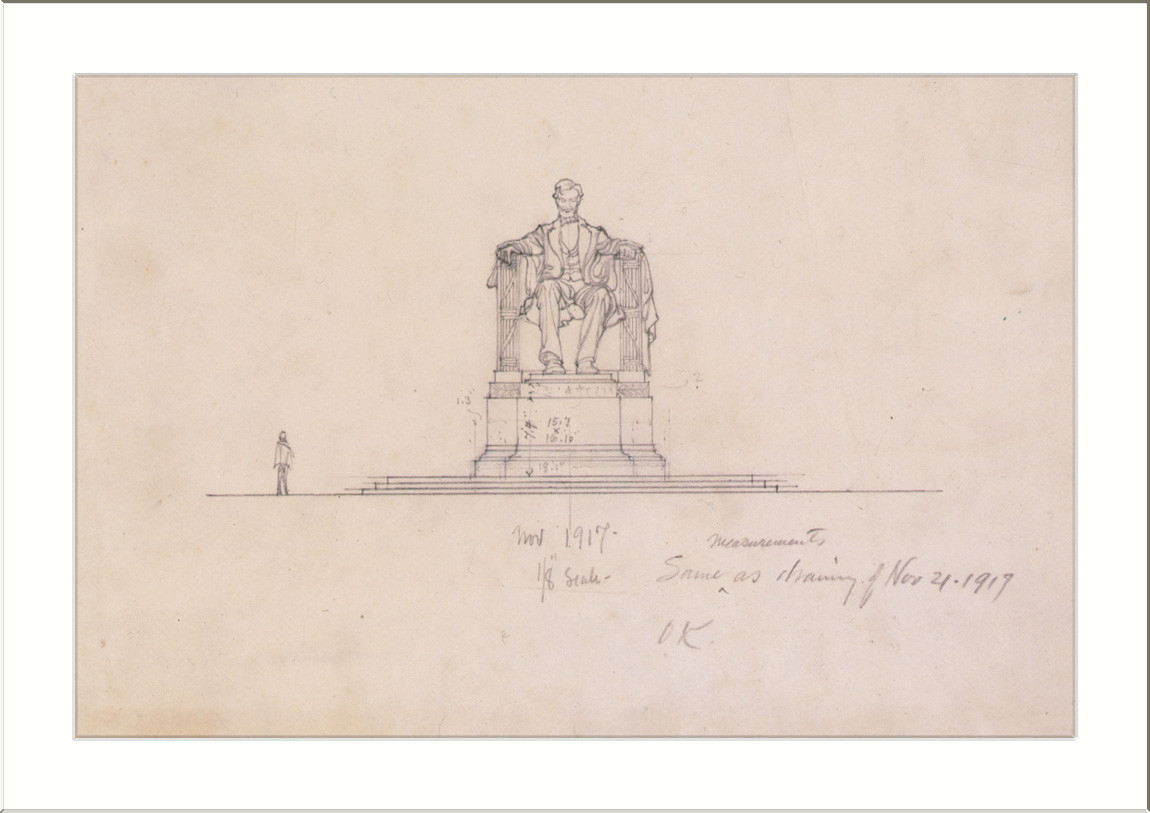 Pencil elevation drawing of Lincoln Memorial statue, with notes — historic drawing