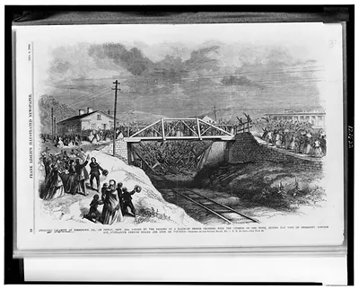 Appalling calamity at Johnstown, Pa., on Friday, Sept. 14th, caused by the falling of a railroad bridge crowded with the citizens of the town, during the visit of President Johnson and suite - four persons killed and over 350 wounded / sketched by our special artist, Mr. C.E.H. Bonwill.