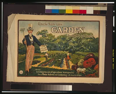 Uncle Sam says - garden to cut food costs Ask the U.S. Department of Agriculture, Washington, D.C., for a free bulletin on gardening - it's food for thought / A. Hoen & Co., Baltimore.