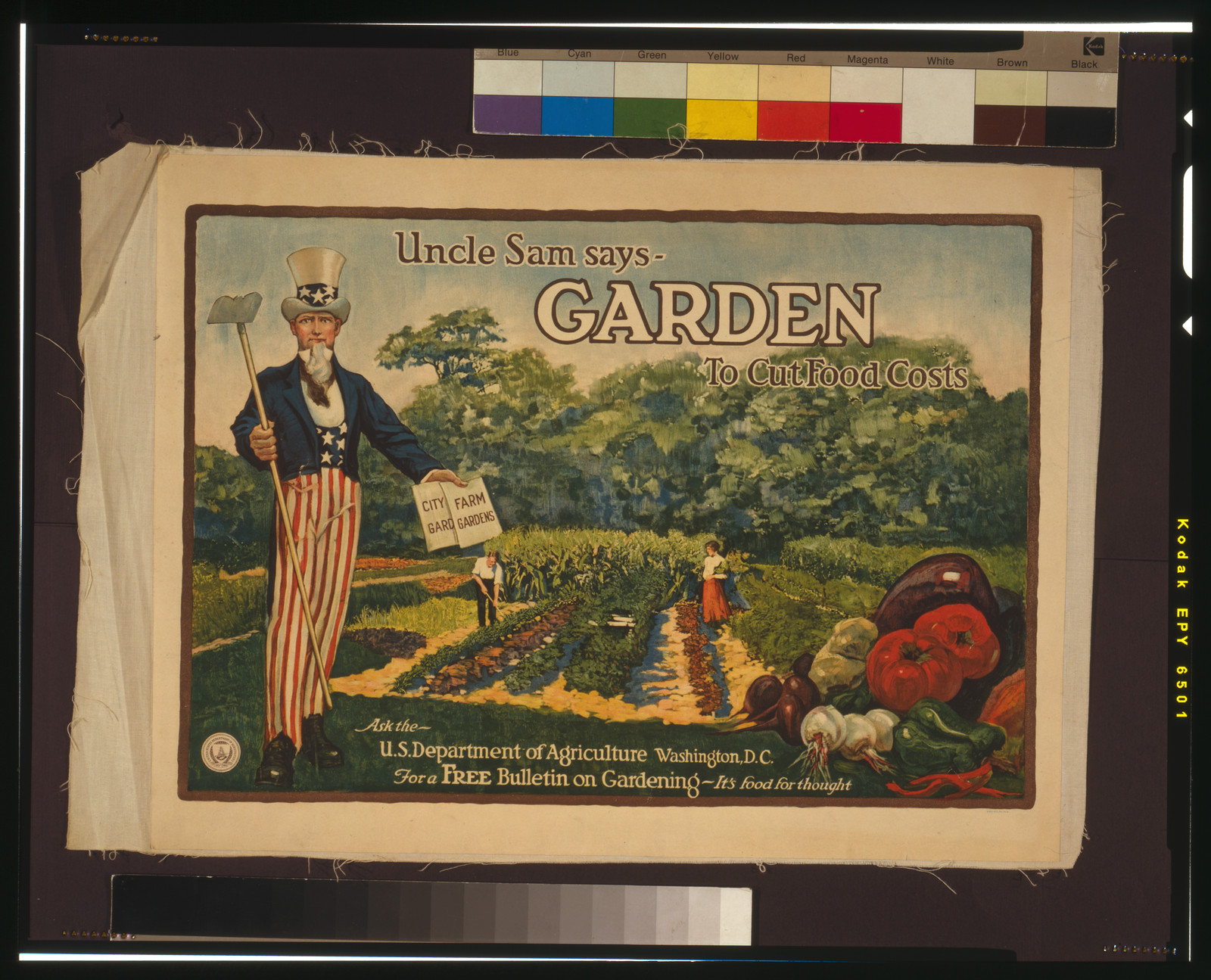 Uncle Sam says - garden to cut food costs Ask the U.S. Department of Agriculture, Washington, D.C., for a free bulletin on gardening - it's food for thought / A. Hoen & Co., Baltimore., [1917] — vintage poster