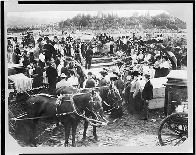 [Crowd and horse-drawn hearses at mass burial in cemetery, North Collingwood, Ohio]