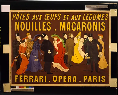 Pacirctes aux oeufs et aux leacutegumes. Nouilles macaronis. Ferrari Opeacutera Paris / L. Cappiello.