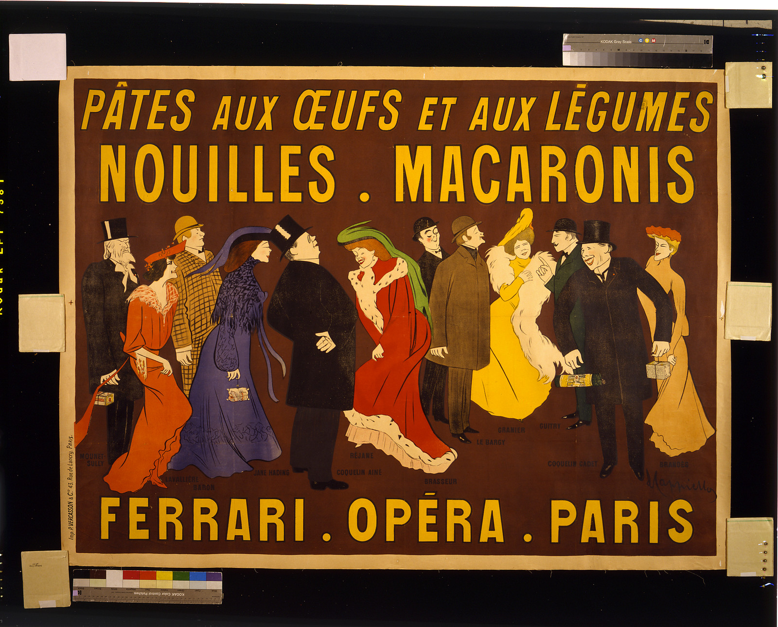 Pacirctes aux oeufs et aux leacutegumes. Nouilles macaronis. Ferrari Opeacutera Paris / L. Cappiello., 1901 — vintage poster