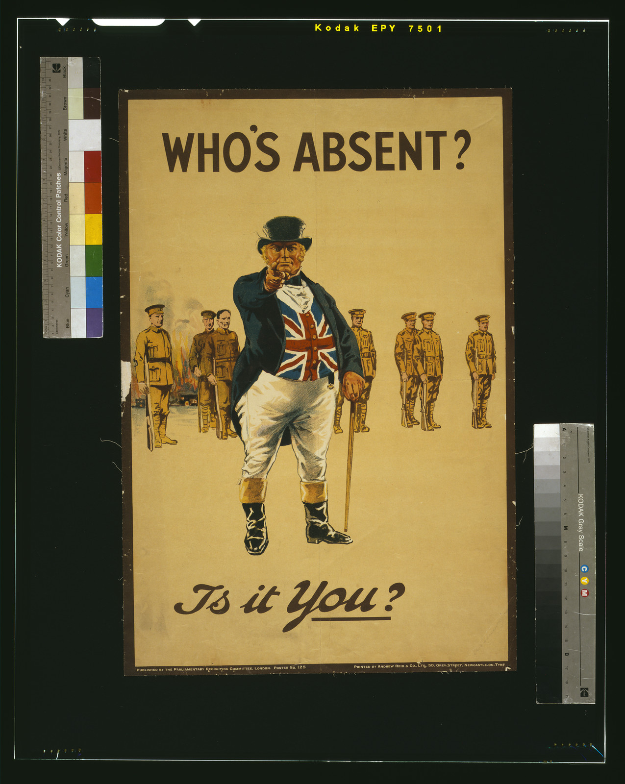 Whos absent? Is it you? / printed by Andrew Reid Co. Ltd. 50 Grey Street Newcastle-on-Tyne., 1915 — vintage poster