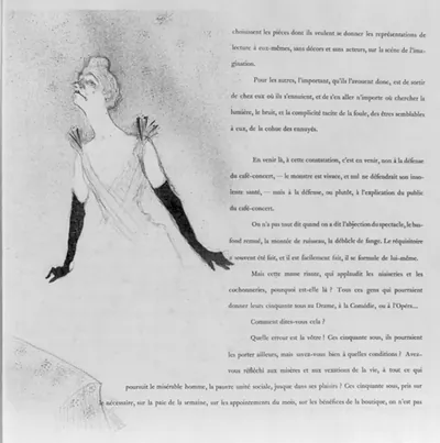 [French cabaret singer Yvette Guilbert wearing gown and long black gloves; illustration and surrounding text]