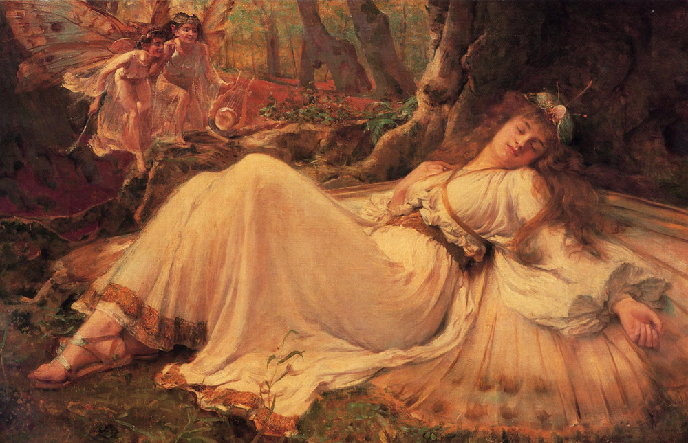 Sleeping maiden in a forest watched by fairies — historic image