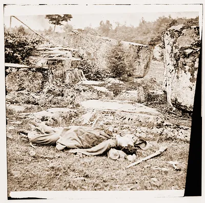 Gettysburg Pennsylvania. Dead Confederate sharpshooter