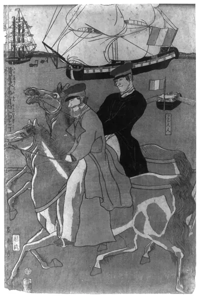 Yokohama kyujitsu Furansujin uma yukoTITLE TRANSLATION:French men taking horse ride on Sunday in Yokohama.