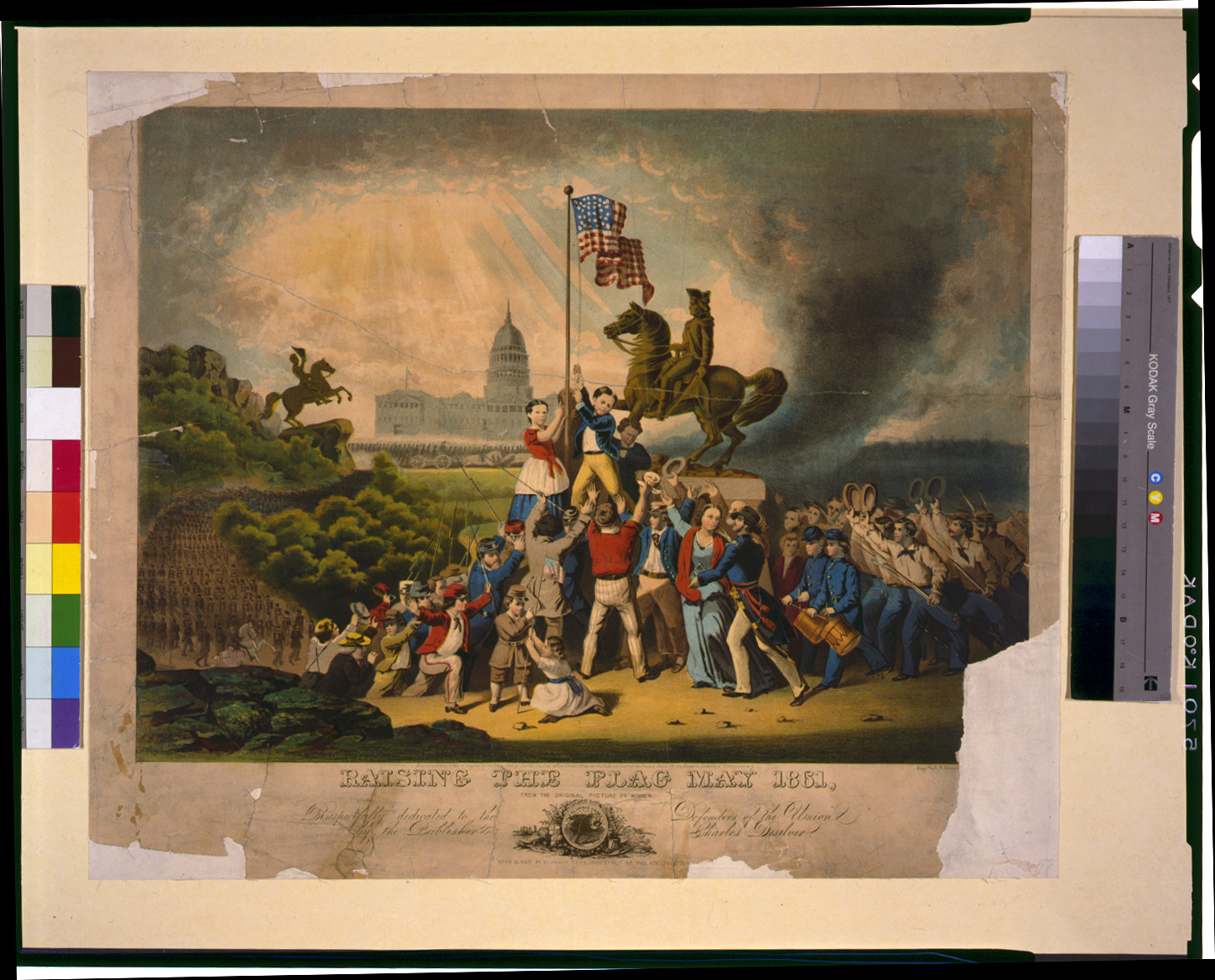 Raising the flag May 1861 / from the original picture by Winner ; engrd. by L.N. Rosenthal [...]., [Philadelphia] : [Published by Charles Desilver], book & map publisher, 1229 Chestnut St., Philadelphia, c1864. — antique lithograph