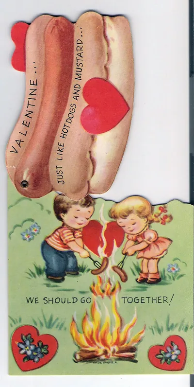 Valentine card with hot dogs and children roasting them over a fire