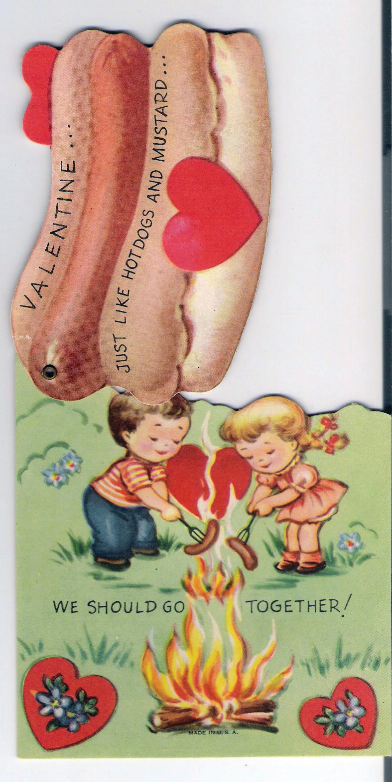 Valentine card with hot dogs and children roasting them over a fire — historic image