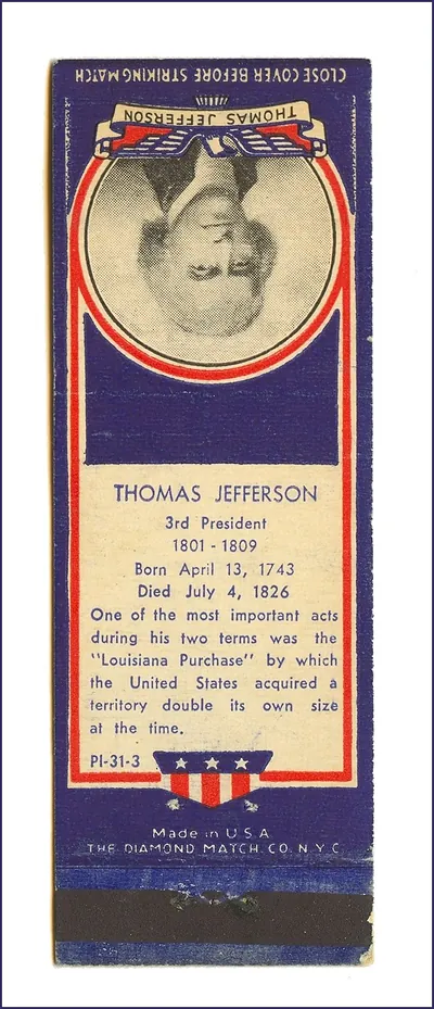 Thomas Jefferson matchbook cover, Diamond Match Co.