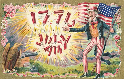 Uncle Sam with flag and firecracker 'July 4th' card