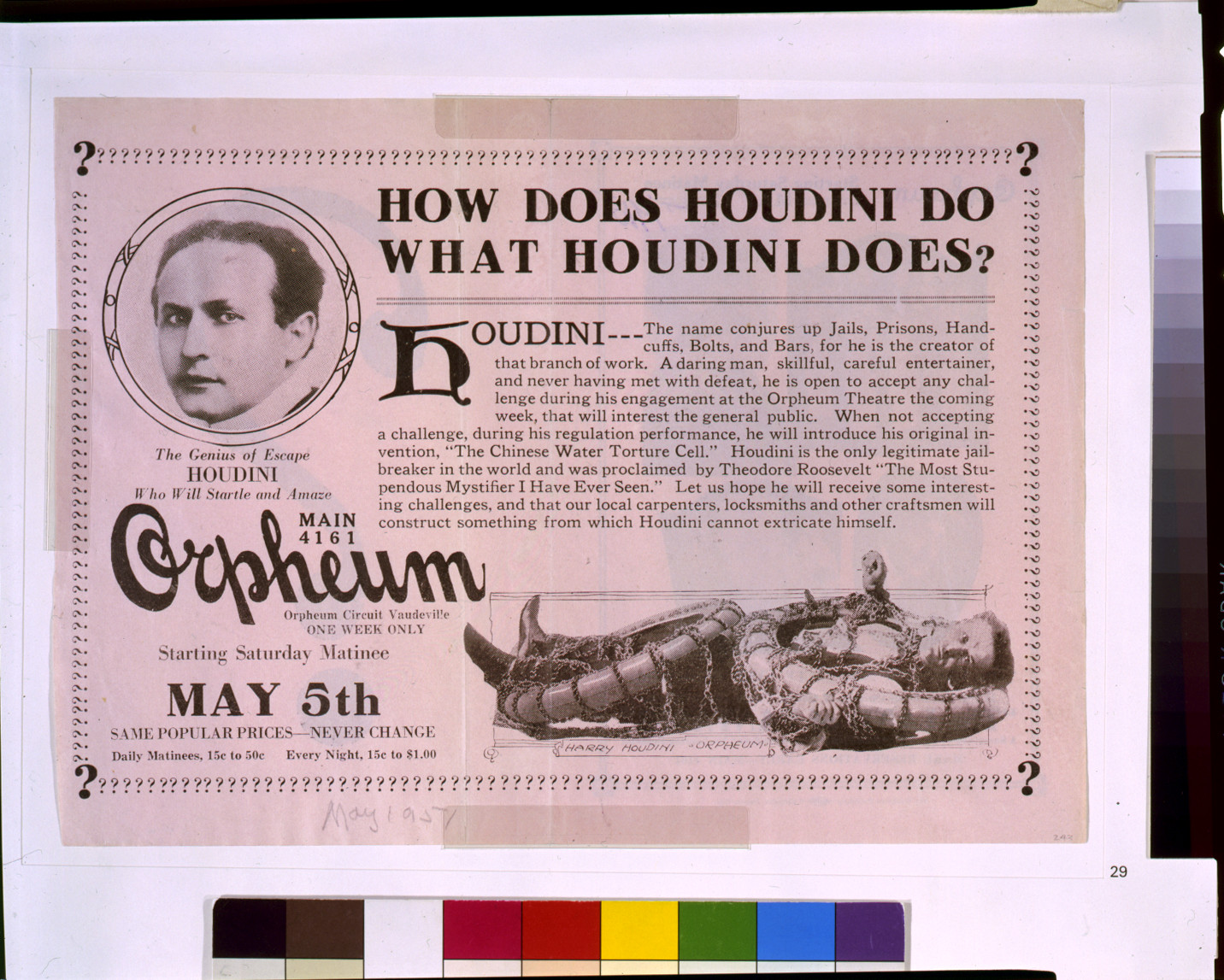 [Houdini versus products of the Weed Chain Tire Grip Company], [after 1913] — historic print