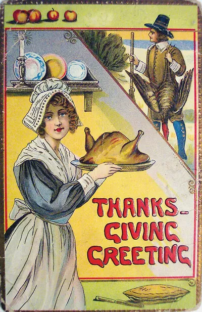Thanksgiving Greeting card with pilgrim woman and turkey